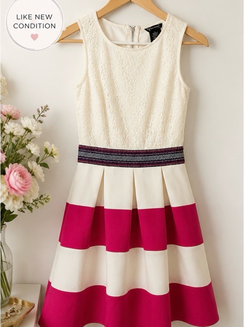Xhilaration Ivory and Hot Pink Lace Bodice Striped Party Dress